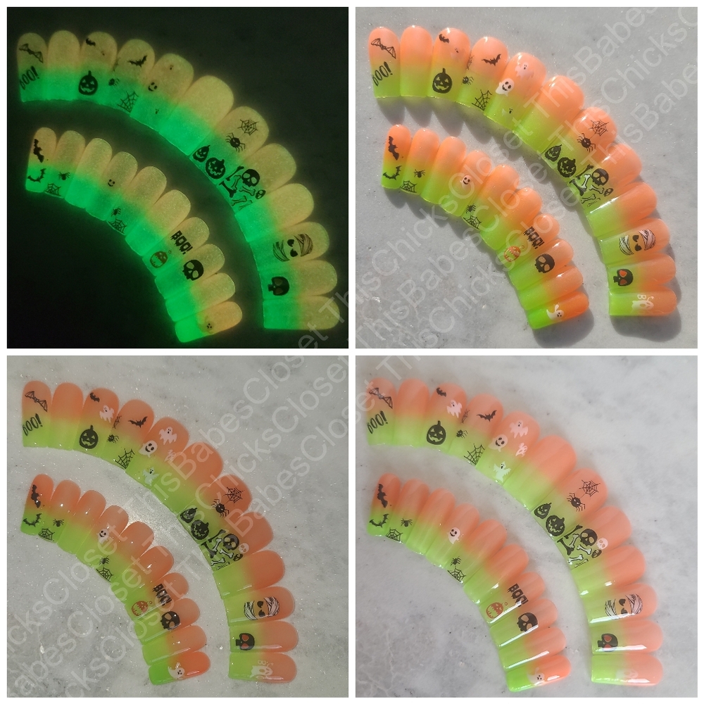 ❤️HANDMADE Orange/Green Glow-In-The-Dark Spooky Halloween Press On Nails